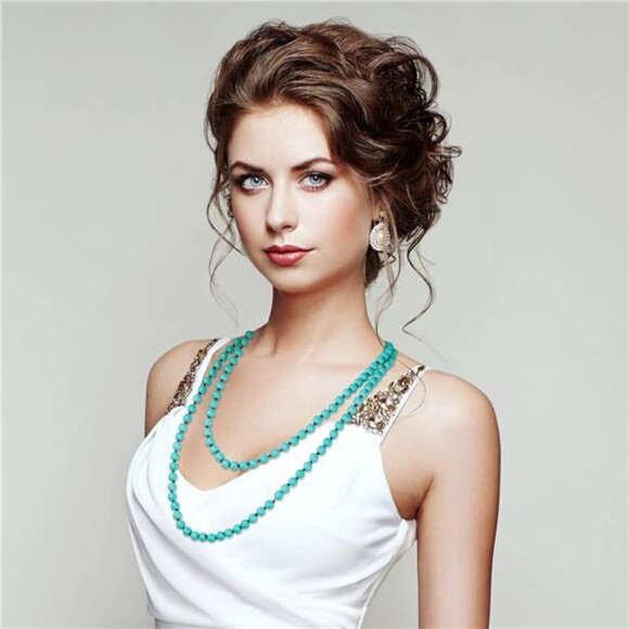 Turquoise Beaded Necklace Long Multi Strand Layered Knotted Boho Jewelry Set - Picture 5 of 7